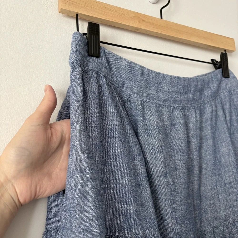 Linen Blend Tiered Chambray Midi Skirt Blue Size M Coastal Cowgirl Western Boho - Picture 4 of 9